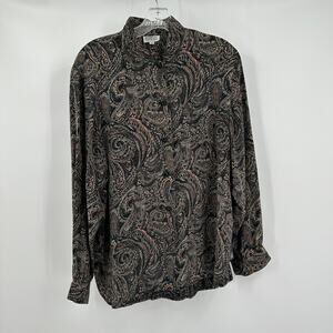 Royal Silk Women Top Size 14 Vintage Paisley Button Front Blouse Boho Artsy Silk